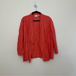 Chico's Womens Linen Drape Front Open Hi Lo Jacket Blazer Coral size 3